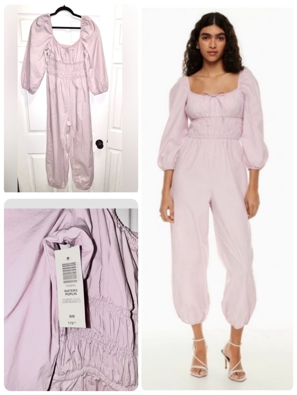 NWT Aritzia Wilfred Waters Poplin Jumpsuit Romper Smocked in Cloudy Lilac Medium